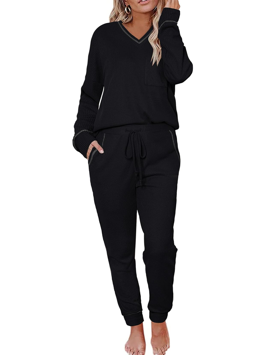 Women's V Neck Waffle Knit Two Piece Lounge Sets