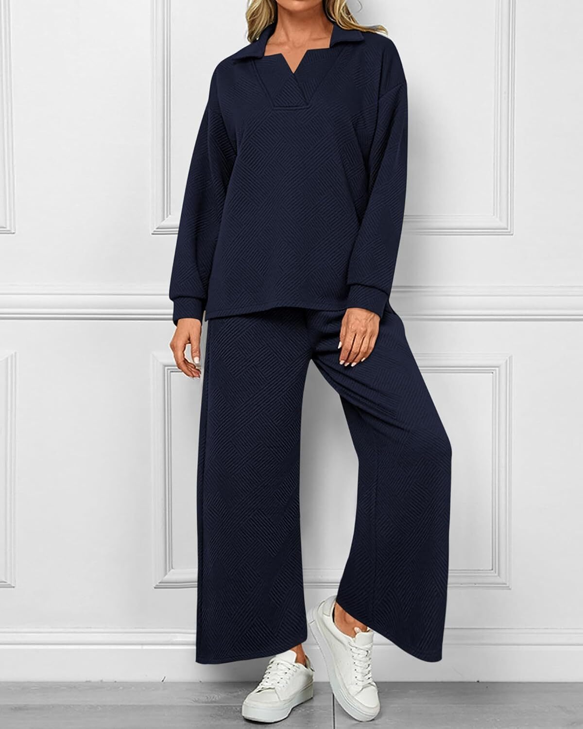 Women's Lapel V Neck Textured Lounge Sets