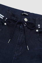 Wash Contrast Binding Double Button Drawstring Mid Waist Capri Jeans