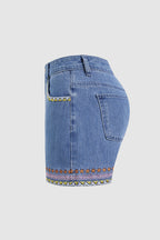 Wash Embroidery Mid Waist Denim Shorts