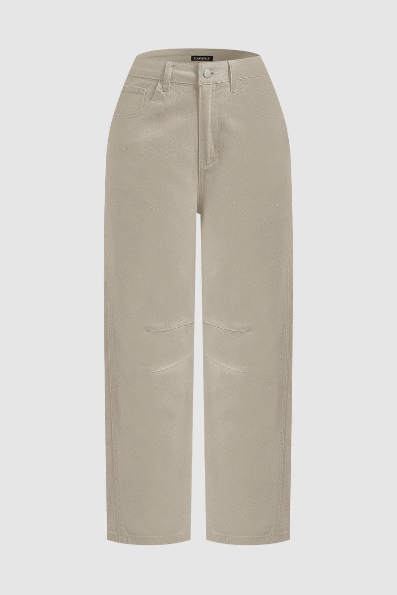 Solid Stitch Detail Mid Waist Crop Straight Leg Jeans Without Belt