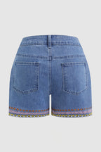 Wash Embroidery Mid Waist Denim Shorts