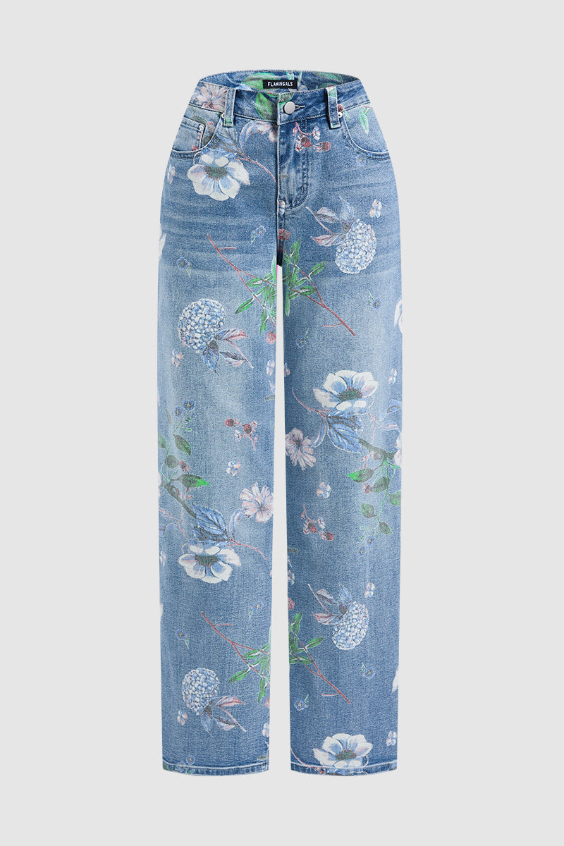 Floral Pattern Wash High Waist Straight Leg Jeans