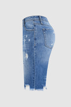 Raw Hem Ripped Mid Waist Denim Bermuda Shorts