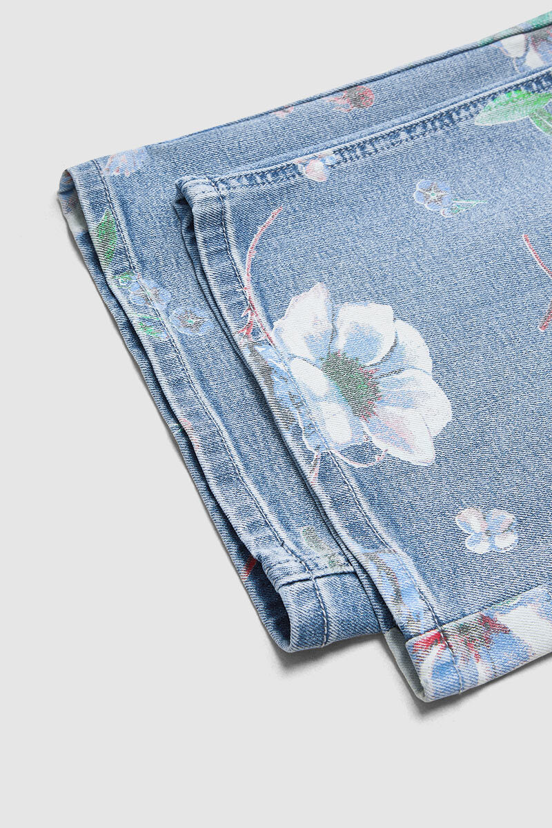Floral Pattern Wash High Waist Straight Leg Jeans