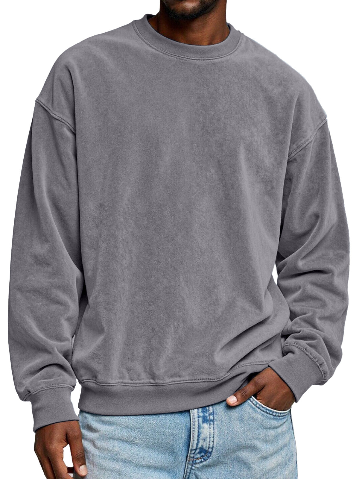 Men's Simple Solid Color Suede Round Neck Long-sleeved Sweatshirt