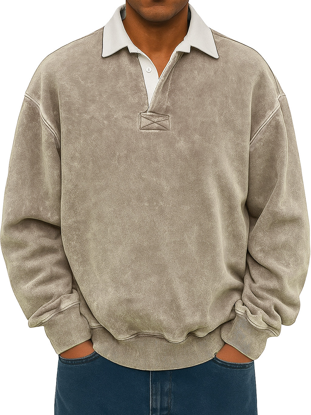 Men's Retro Lapel Button Colorblock Casual Distressed Sweatshirt