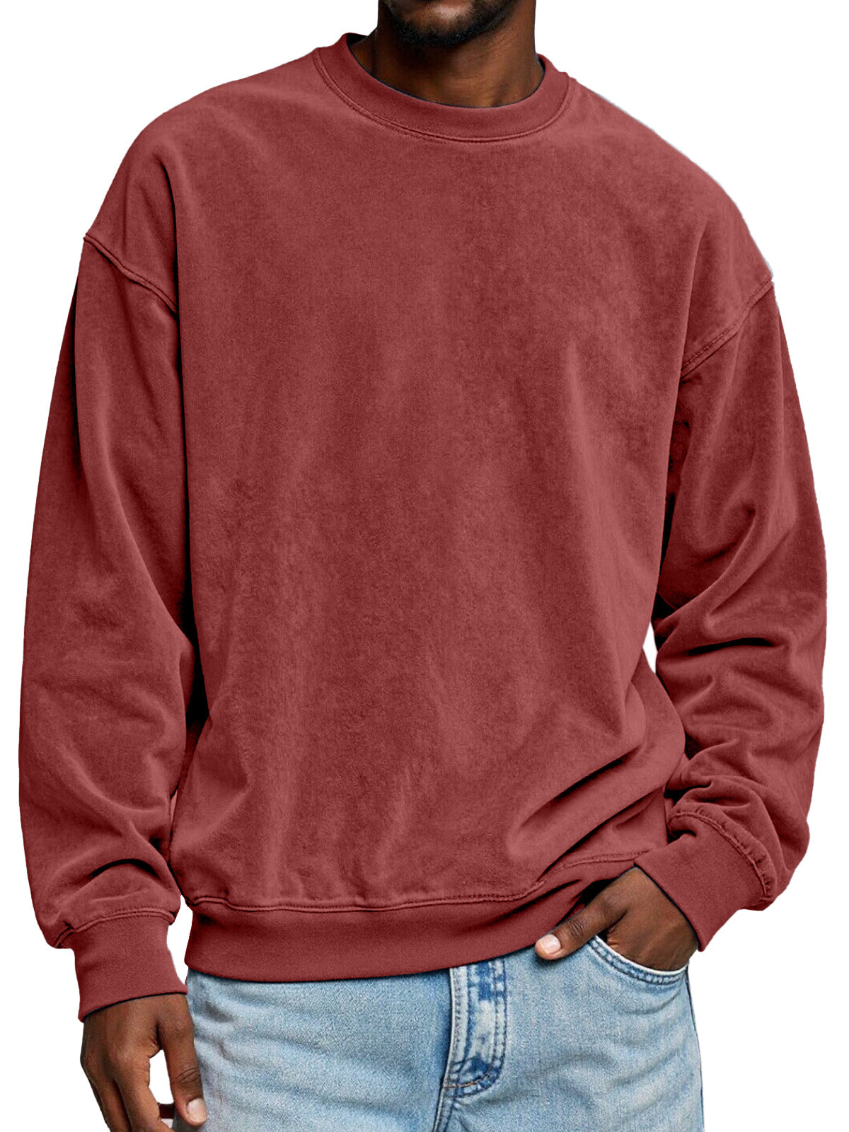Men's Simple Solid Color Suede Round Neck Long-sleeved Sweatshirt