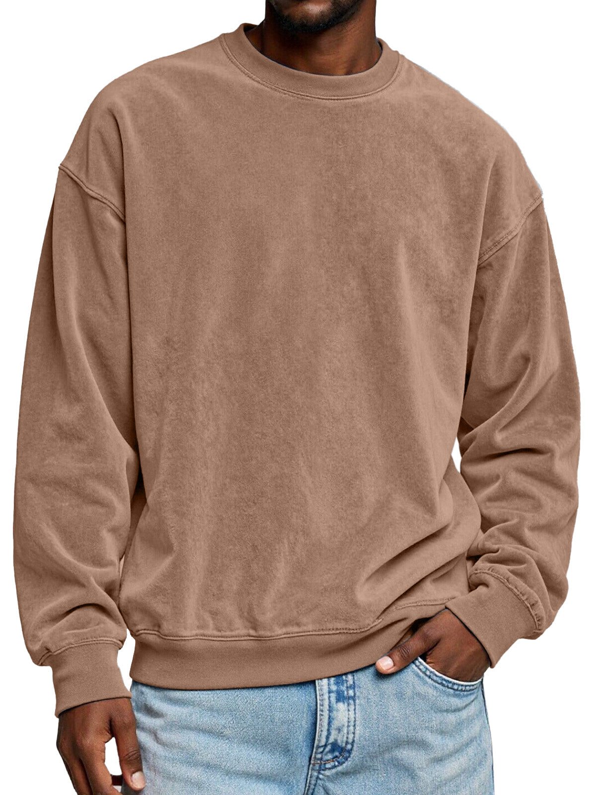 Men's Simple Solid Color Suede Round Neck Long-sleeved Sweatshirt