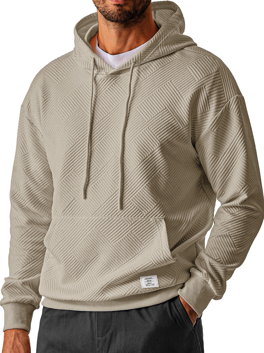 Men's Everyday Simple Textured Embroidered Logo Hooded Long-sleeved Sweatshirt