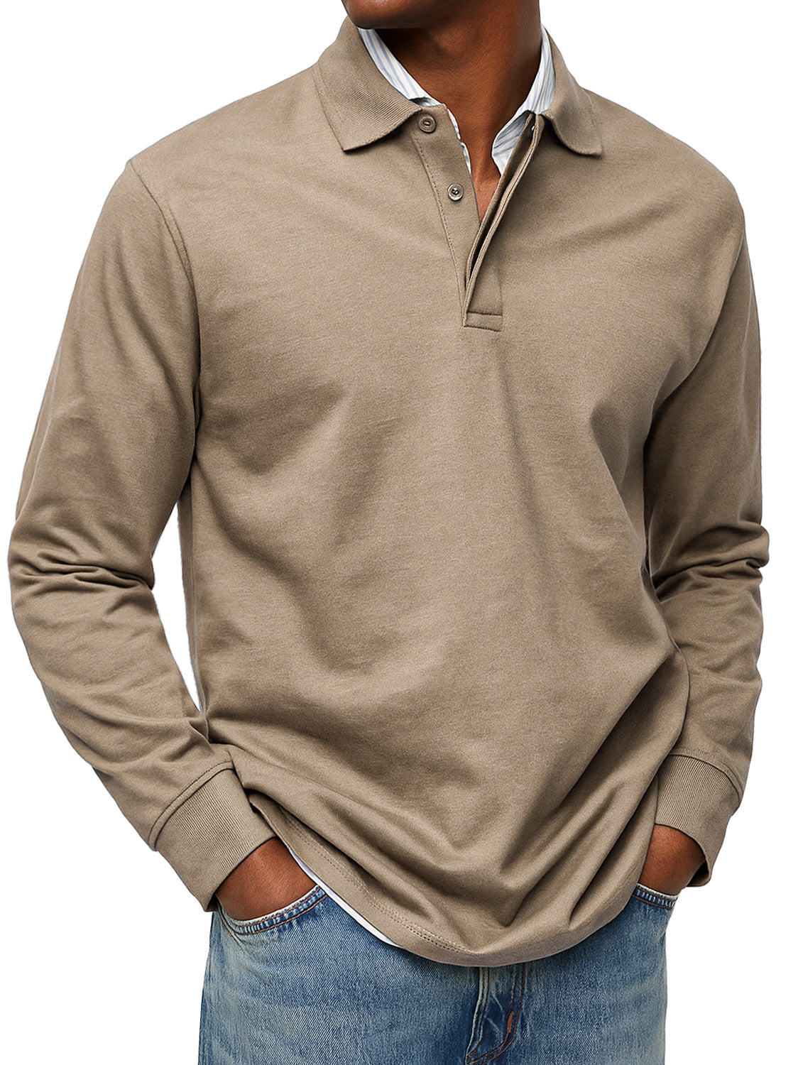 Men's Daily Double-layer Lapel Button-down Solid Color Long-sleeved Polo Shirt