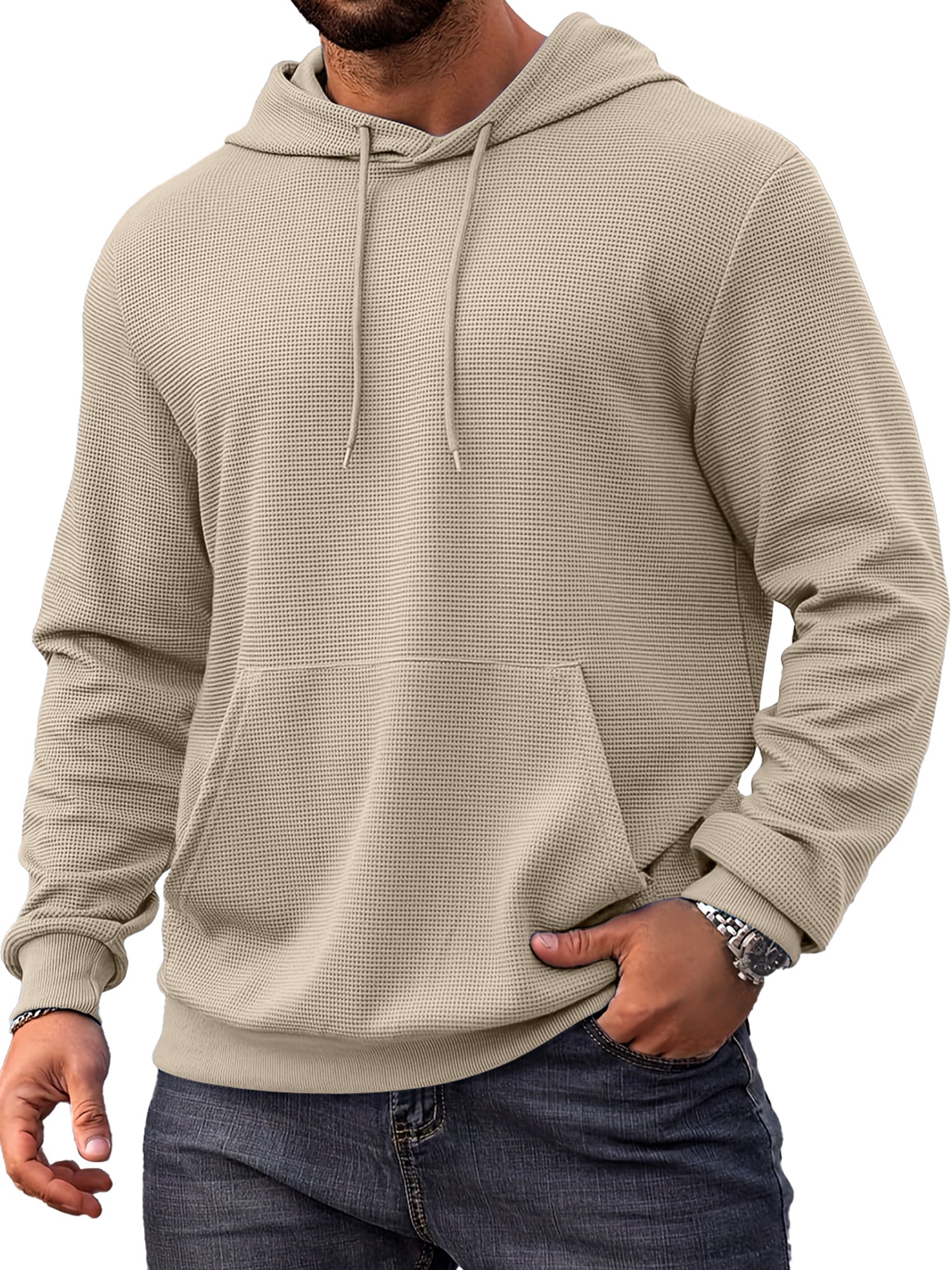 Men's Everyday Simple Waffle Comfortable Long-sleeved Hooded Sweatshirt