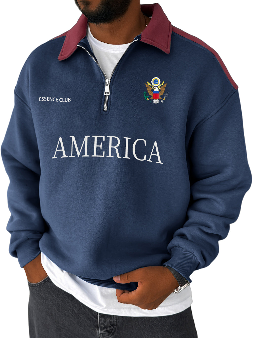 Men's Stylish Vintage American Print Contrast Zipper Sweatshirt