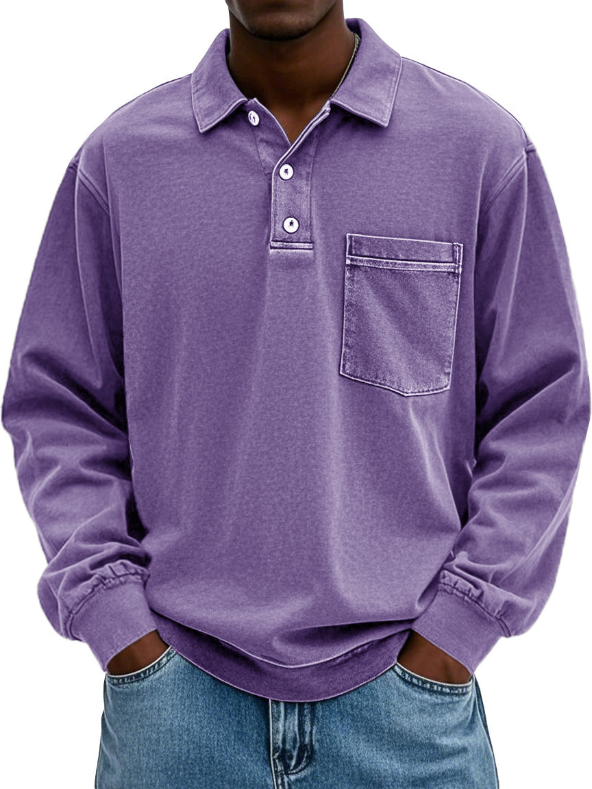 Men's Stylish Vintage Distressed Pocket Lapel Long-sleeved Polo Shirt 