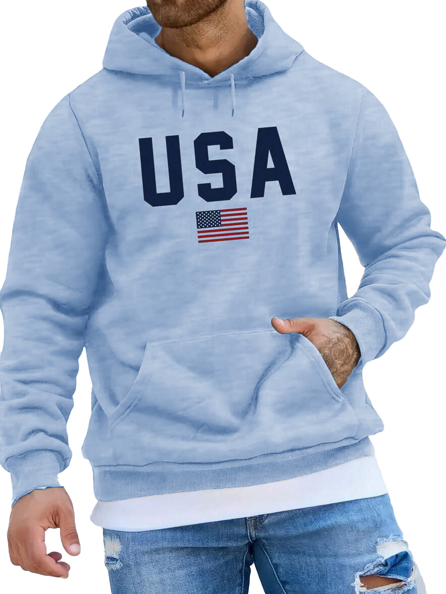 Men's Fashionable American Flag Print Pocket Long Sleeve Hoodie