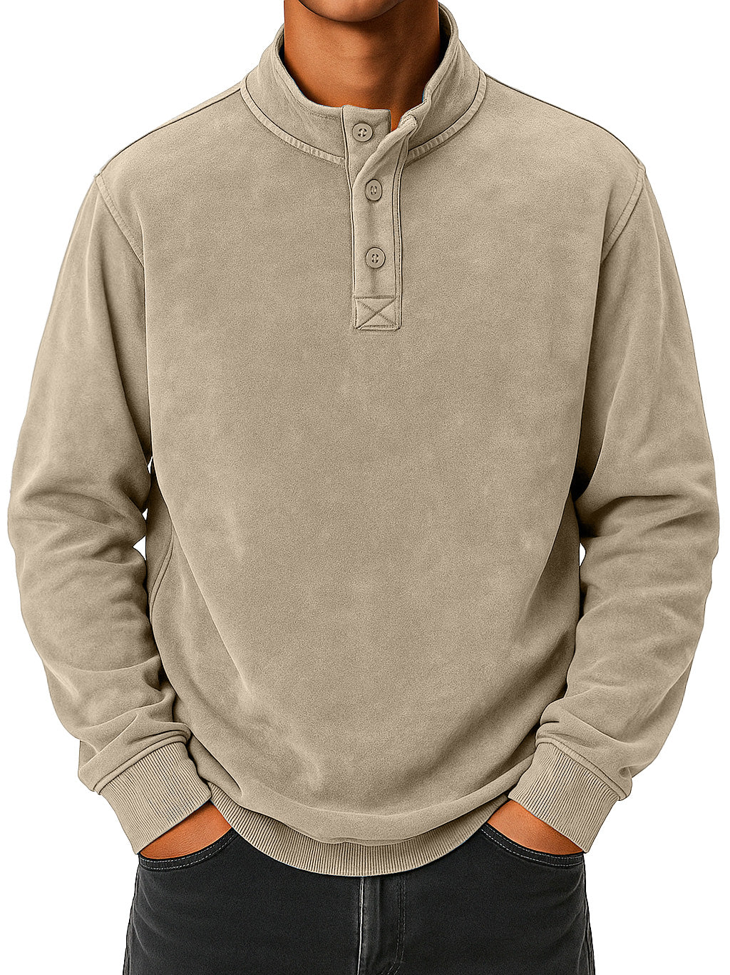 Men's vintage distressed stand collar button-down comfortable sweatshirt
