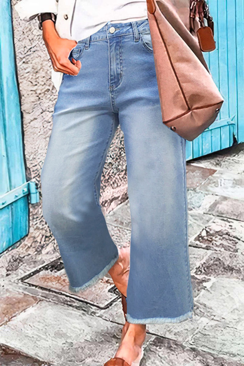 Tall Washed Raw Hem Mid Waist Wide Leg Jeans