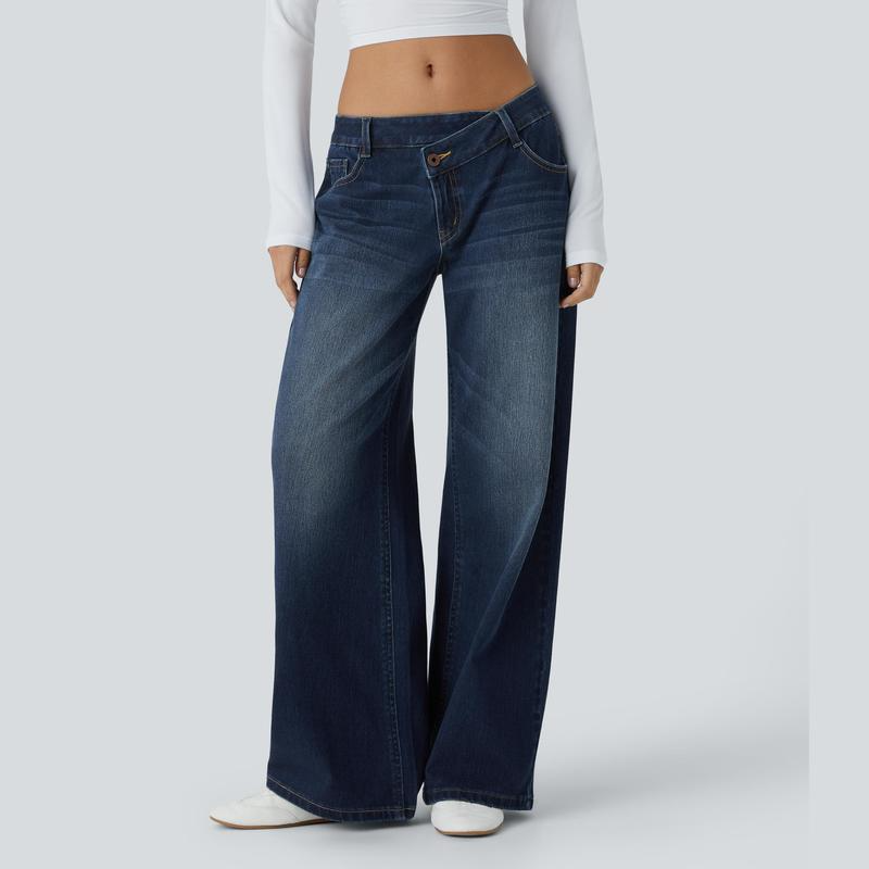 𝑯𝒂𝒍𝒍𝒐𝒘𝒆𝒆𝒏 𝑺𝒂𝒍𝒆🎃Flex Asymmetric Low Rise Zipper Pockets Baggy Wide Leg Washed Casual Jeans