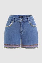 Wash Embroidery Mid Waist Denim Shorts