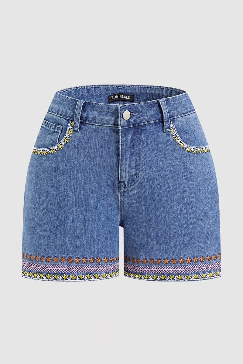 Wash Embroidery Mid Waist Denim Shorts