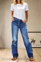 Wash Ripped Detail Mid Rise Straight Leg Jeans