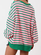 Women's Oversized Striped Button Up Henley Neck Waffle Knit Pullover