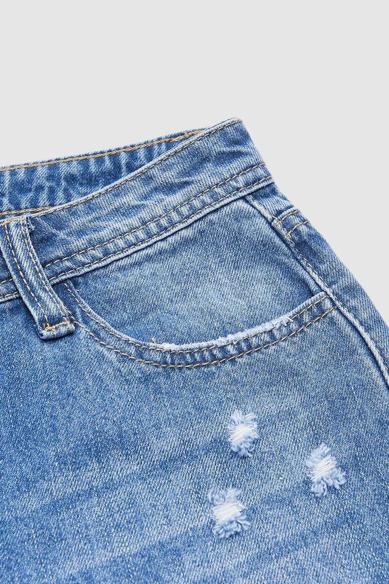 Raw Hem Ripped Mid Waist Denim Bermuda Shorts