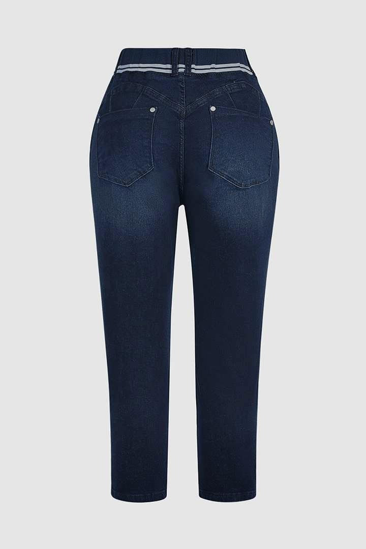 Wash Contrast Binding Double Button Drawstring Mid Waist Capri Jeans