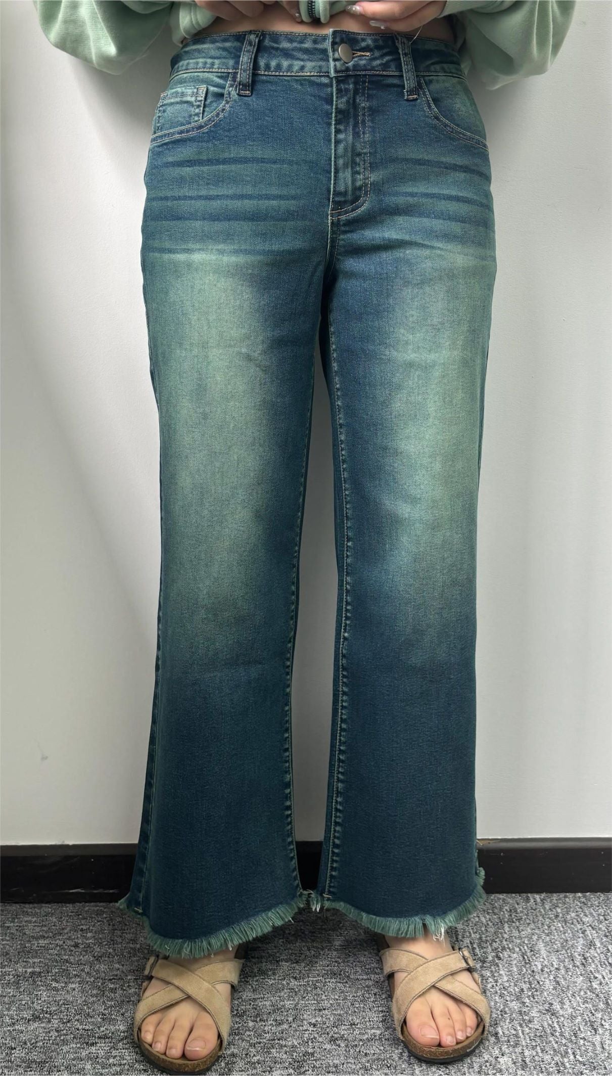 Tall Washed Raw Hem Mid Waist Wide Leg Jeans