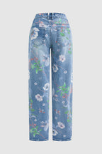Floral Pattern Wash High Waist Straight Leg Jeans