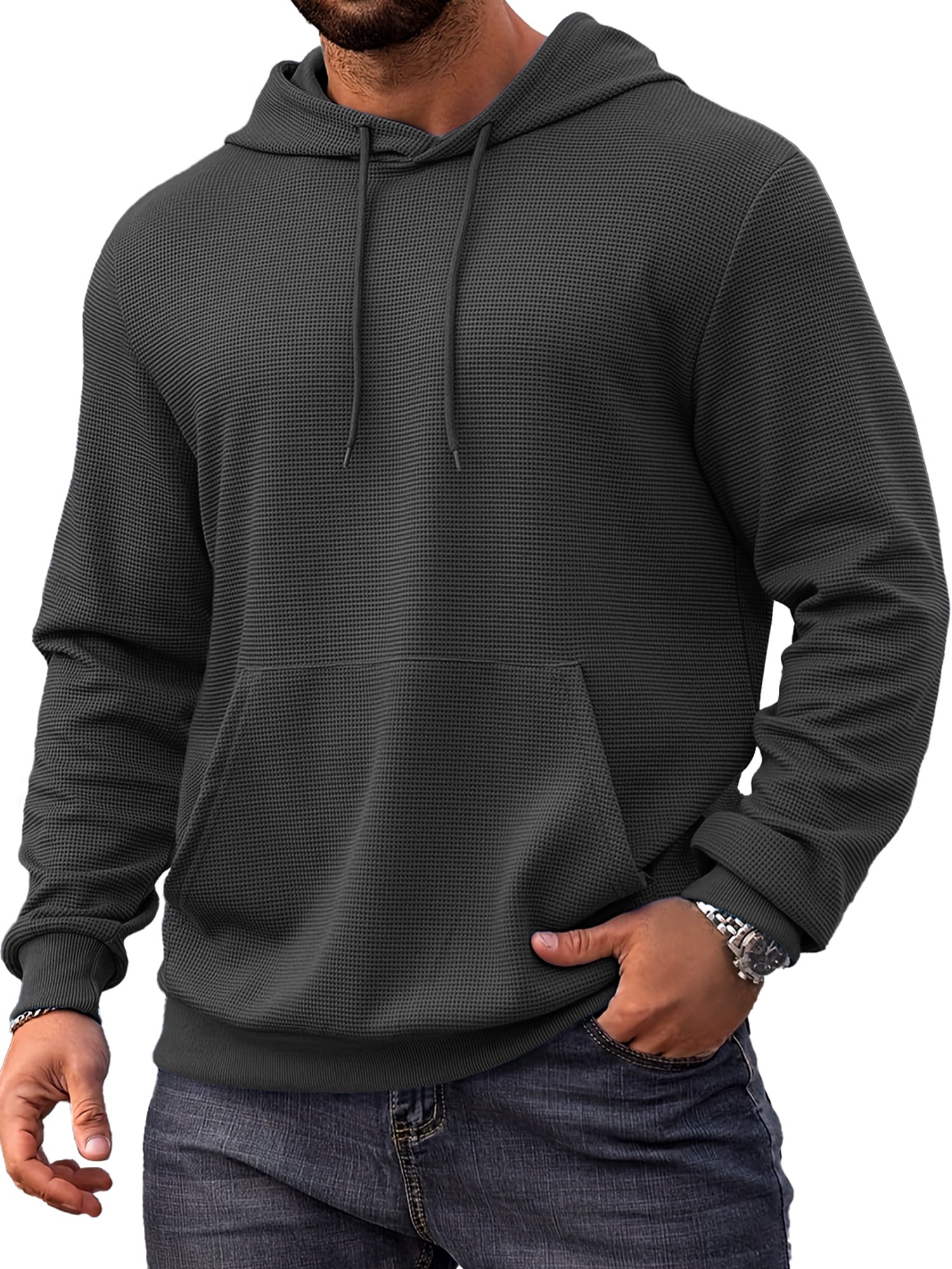 Men's Everyday Simple Waffle Comfortable Long-sleeved Hooded Sweatshirt