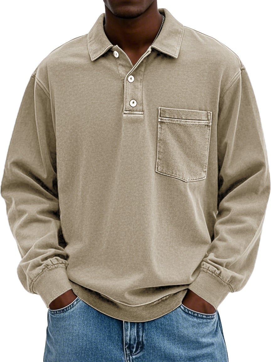 Men's Stylish Vintage Distressed Pocket Lapel Long-sleeved Polo Shirt 