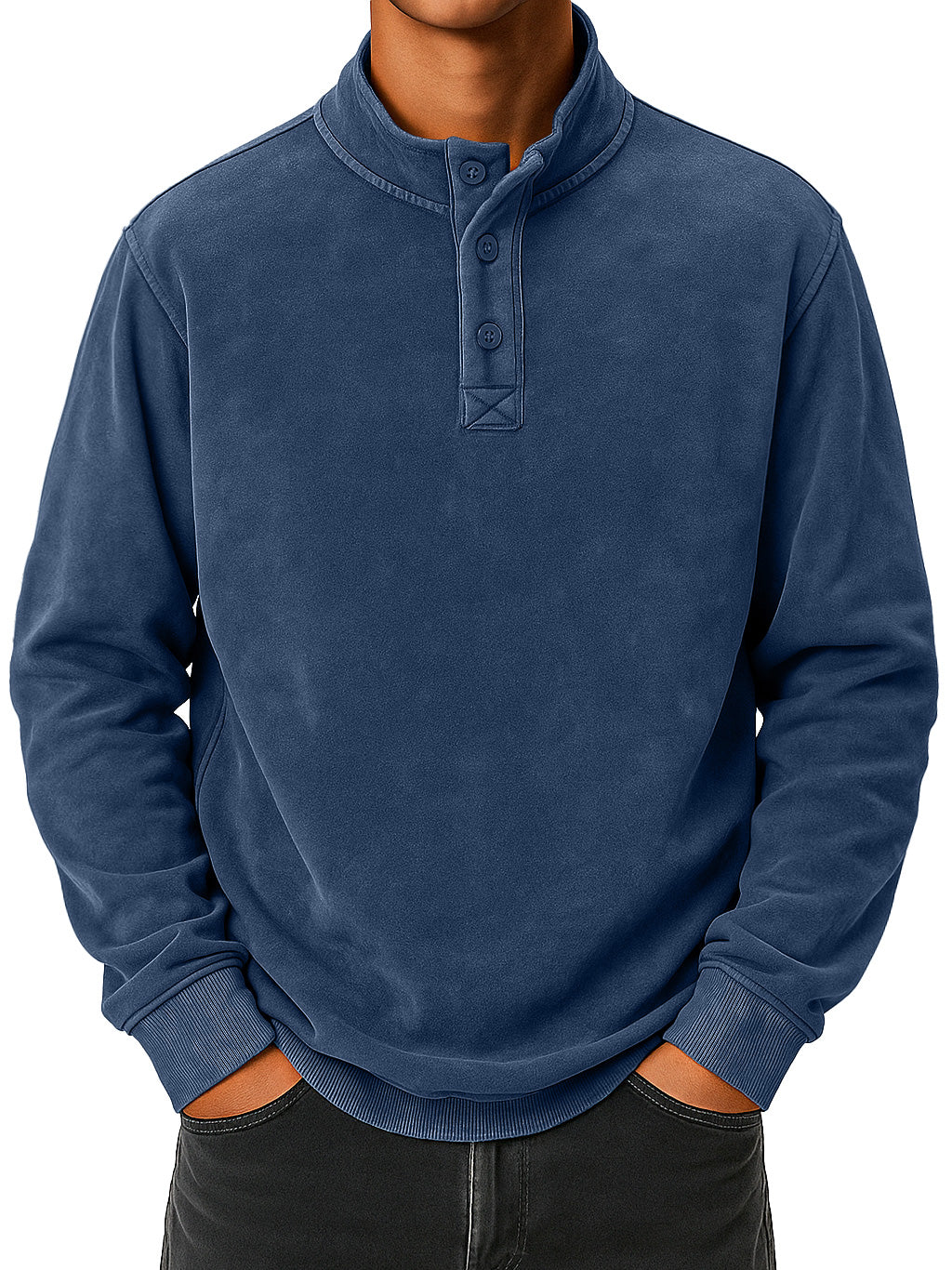 Men's vintage distressed stand collar button-down comfortable sweatshirt
