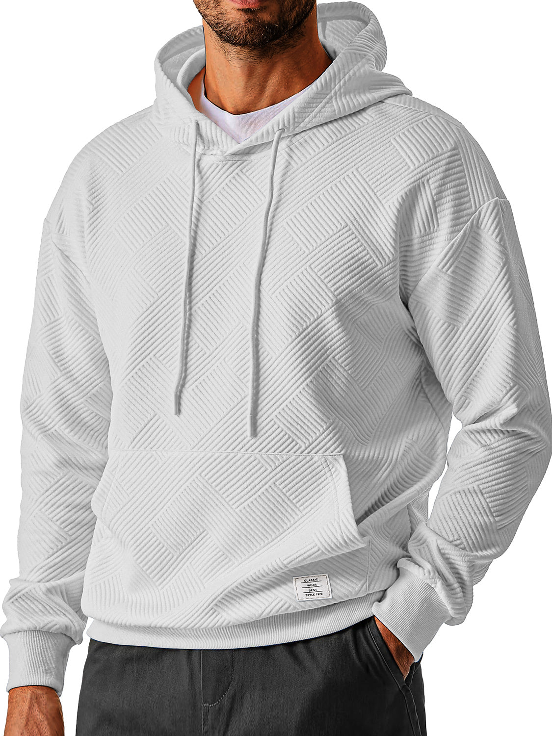 Men's Everyday Simple Textured Embroidered Logo Hooded Long-sleeved Sweatshirt
