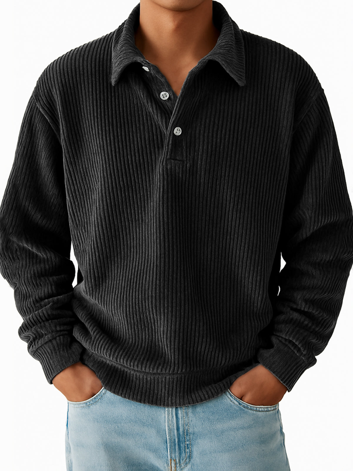 Men's Vintage Corduroy Pit Striped Casual Long Sleeve Polo Shirt