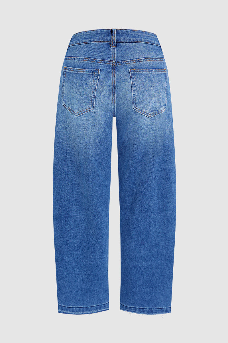 Wash Raw Hem Straight Leg Mid Rise Crop Jeans Without Belt