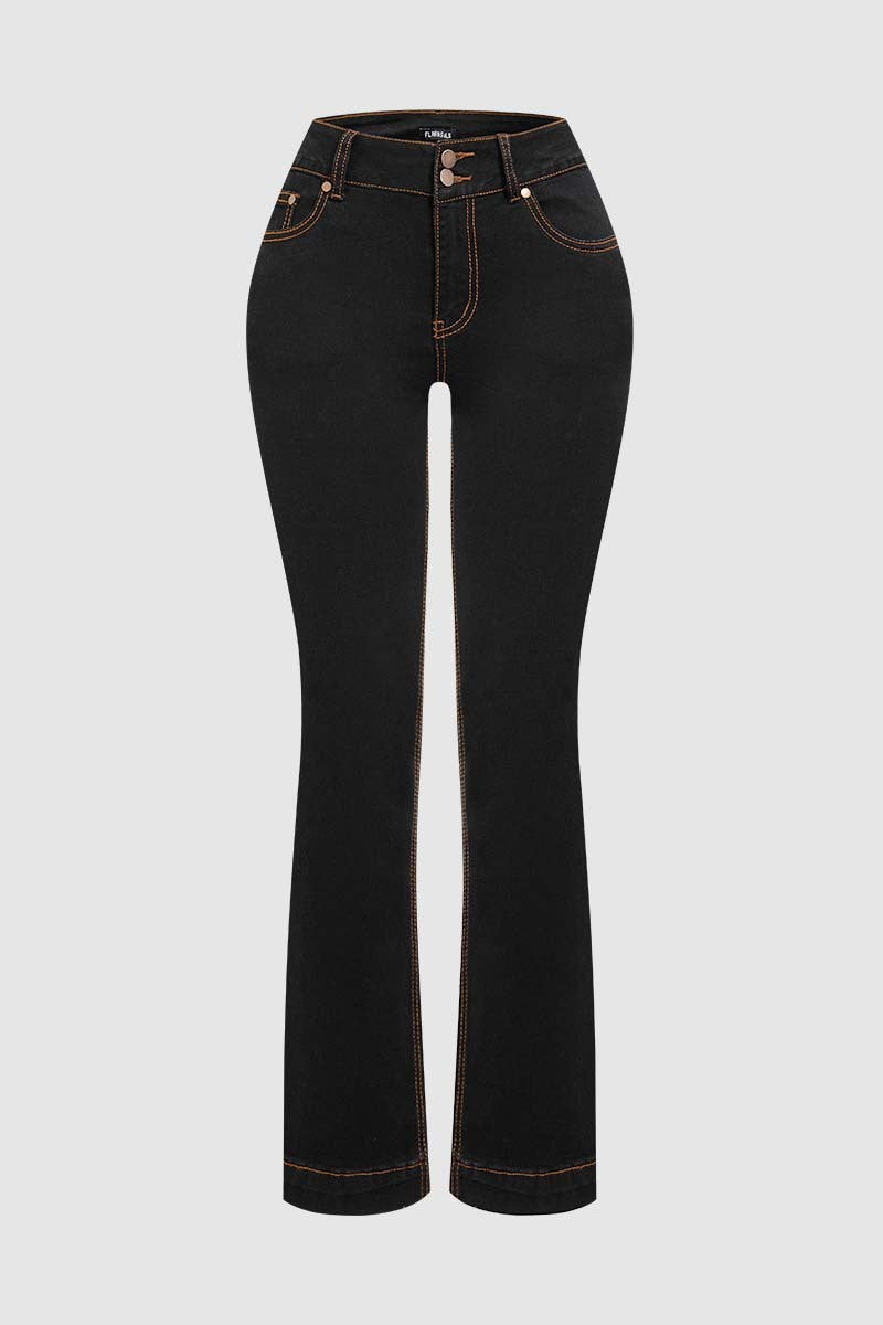 Double Button Stitch Detail High Waist Bootcut Jeans