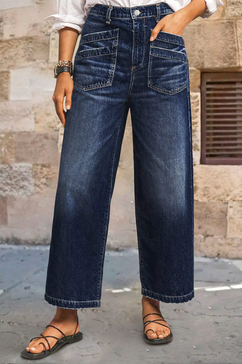 Wash Stitch Detail Raw Hem Crop Wide Leg Mid Rise Jeans