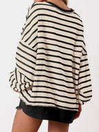 Women's Oversized Striped Button Up Henley Neck Waffle Knit Pullover