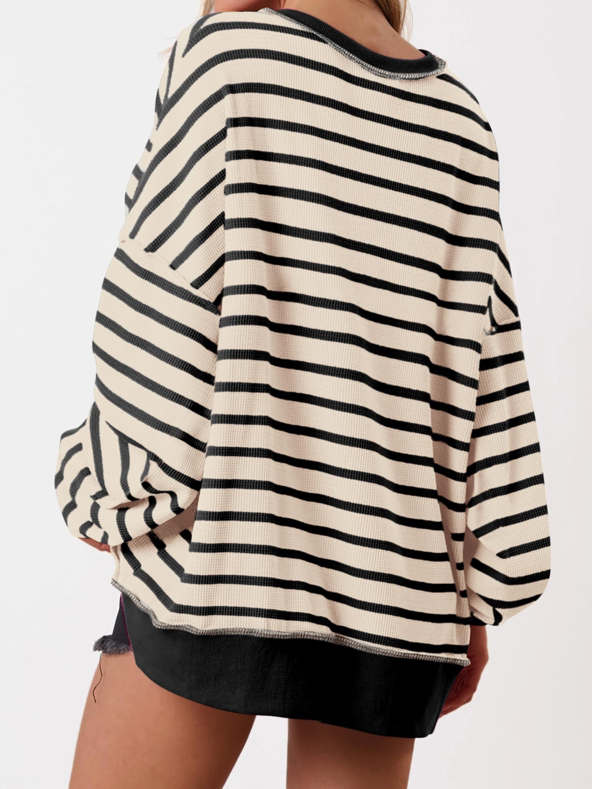 Women's Oversized Striped Button Up Henley Neck Waffle Knit Pullover