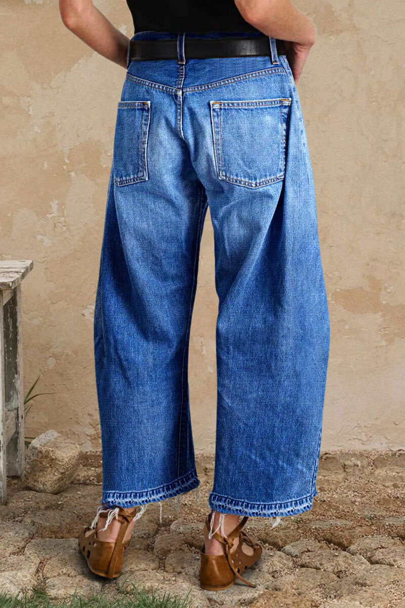 Wash Raw Hem Straight Leg Mid Rise Crop Jeans Without Belt