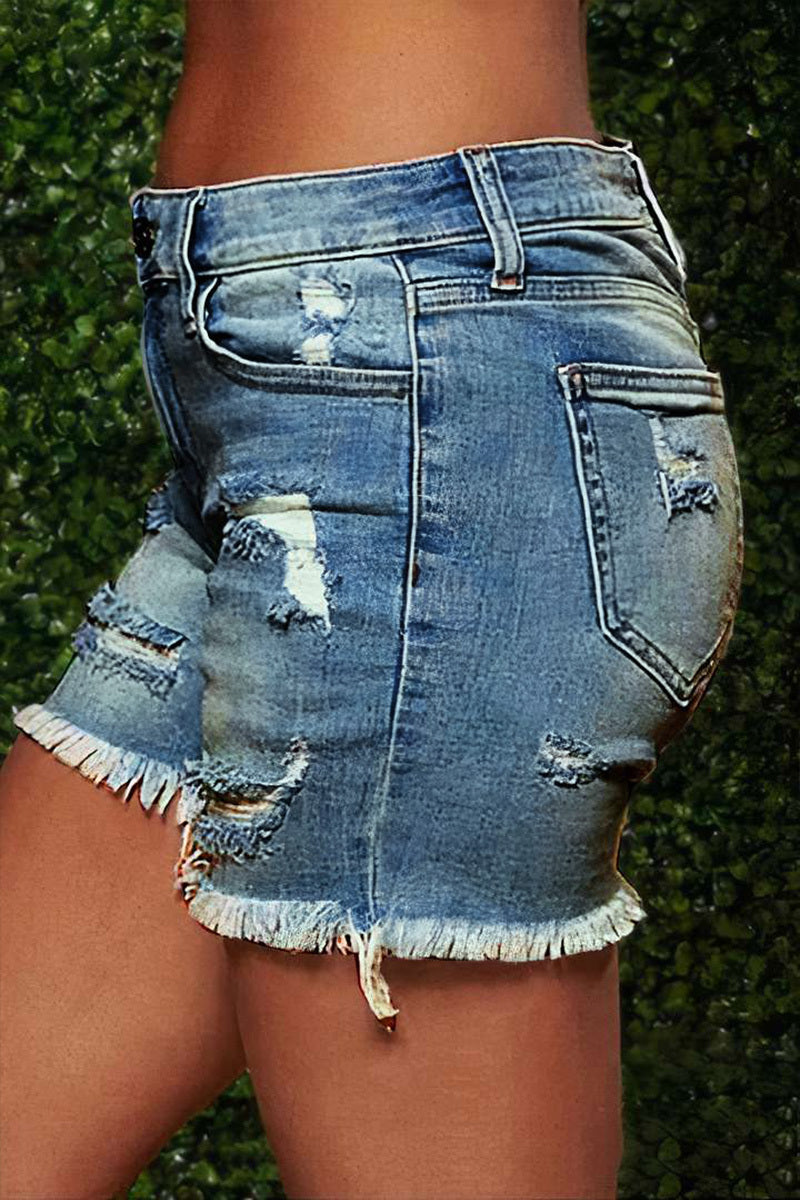 Raw Hem Ripped Low Rise Denim Shorts