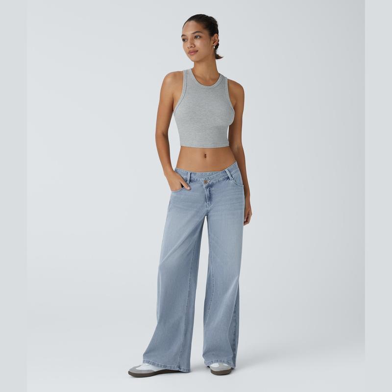 𝑯𝒂𝒍𝒍𝒐𝒘𝒆𝒆𝒏 𝑺𝒂𝒍𝒆🎃Flex Asymmetric Low Rise Zipper Pockets Baggy Wide Leg Washed Casual Jeans