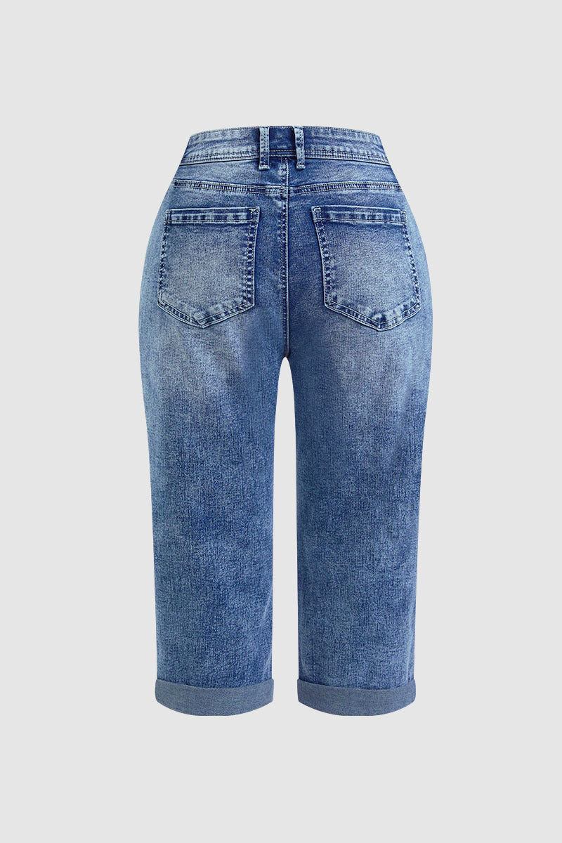 Wash Roll Hem High Rise Straight Leg Capri Jeans