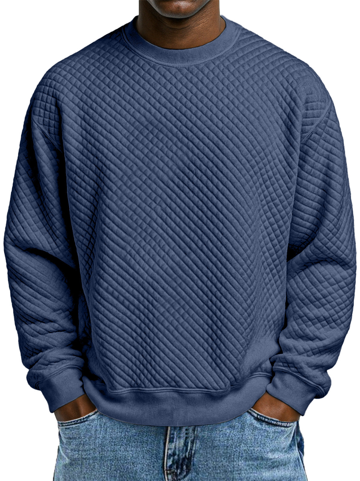 Men's Simple Solid Color Small Square Texture Round Neck Long-sleeved Sweatshirt