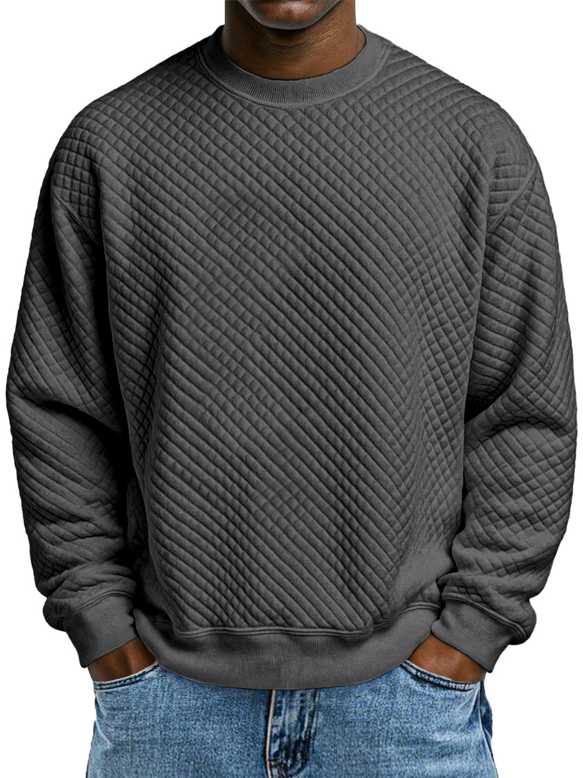 Men's Simple Solid Color Small Square Texture Round Neck Long-sleeved Sweatshirt