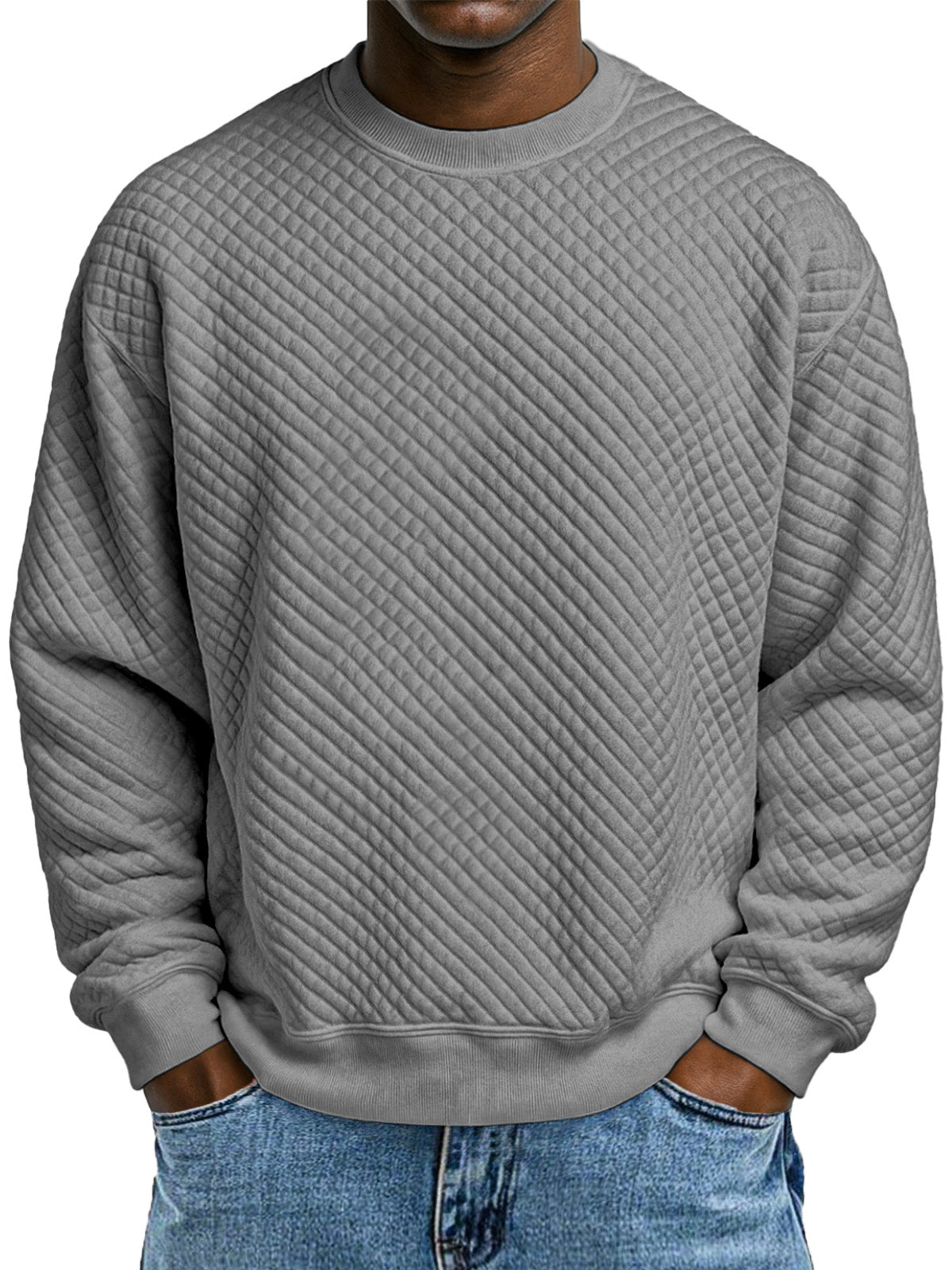 Men's Simple Solid Color Small Square Texture Round Neck Long-sleeved Sweatshirt