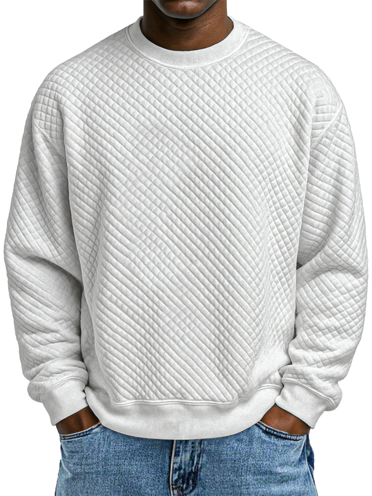 Men's Simple Solid Color Small Square Texture Round Neck Long-sleeved Sweatshirt