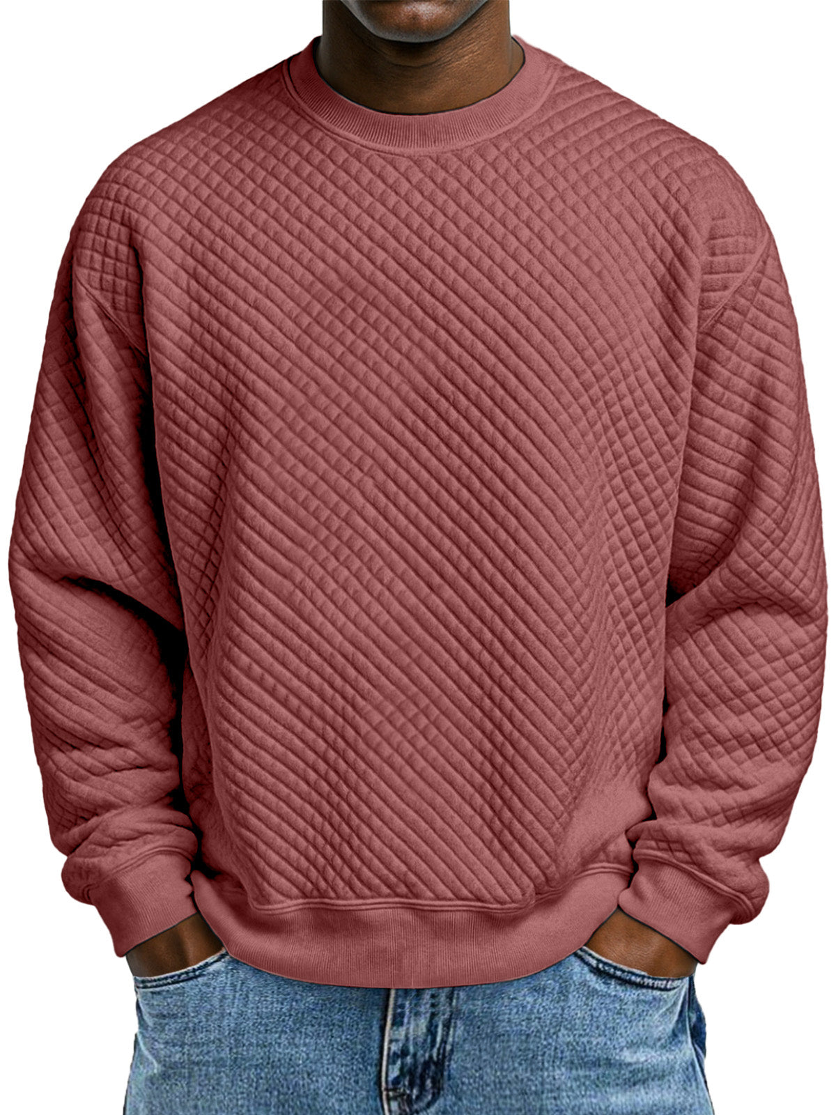 Men's Simple Solid Color Small Square Texture Round Neck Long-sleeved Sweatshirt