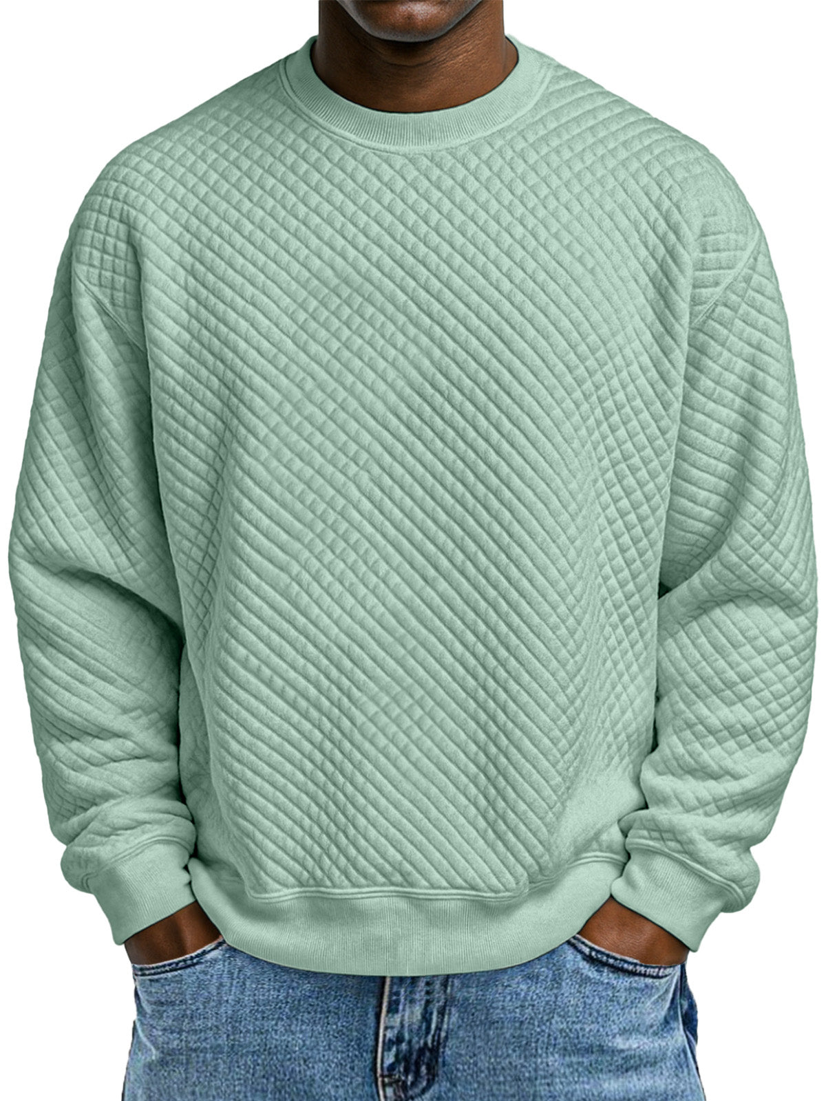 Men's Simple Solid Color Small Square Texture Round Neck Long-sleeved Sweatshirt